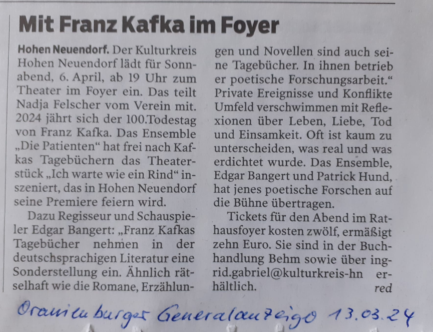 Zeitungsausschnitt: Die Patienten, “Ich warte wie ein Rind” in Hohen-Neuendorf, April 2024